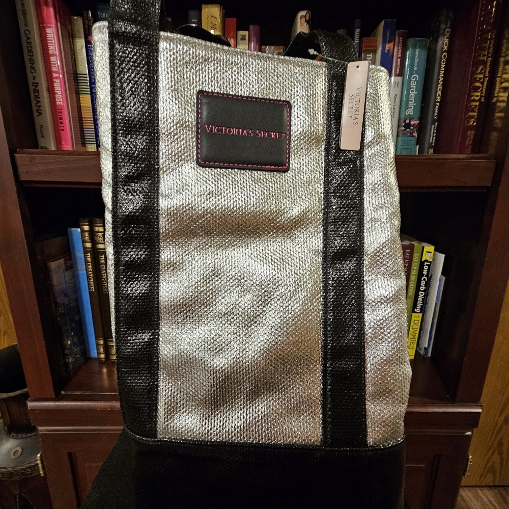 Nwt!Victoria's Secret Limited Edition Metallic Silver and Black Tote Bag